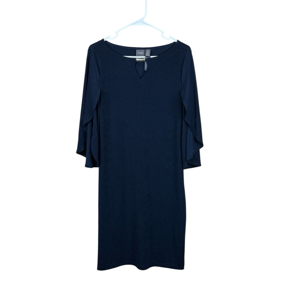 Chico's Travelers Layered Sleeve Gold Detail Keyhole Neckline Navy Color Dress